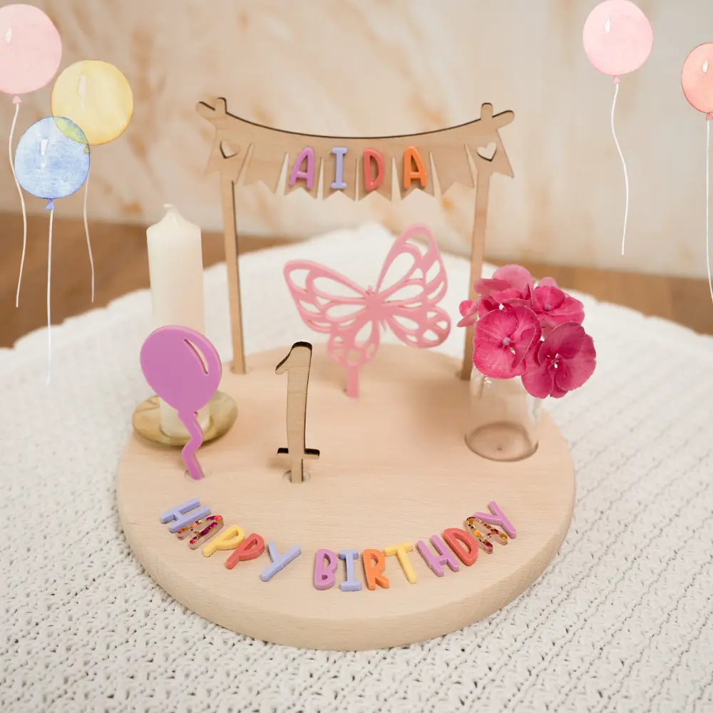 Farbenfroher Geburtstagsteller „Happy Birthday“ mit Motivstecker Schmetterling